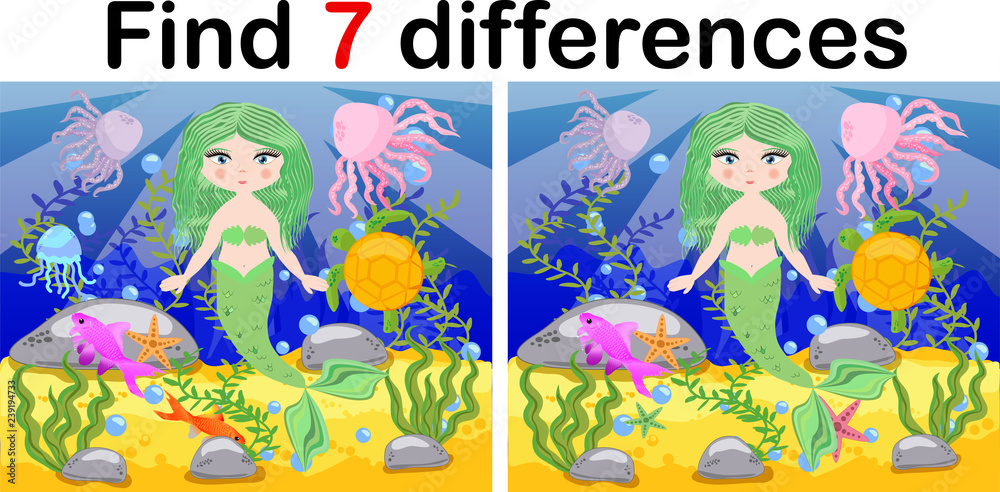Fototapeta premium Find differences, game for children, mermaid underwater in cartoon style, education game for kids, preschool worksheet activity, task for the development of logical thinking.