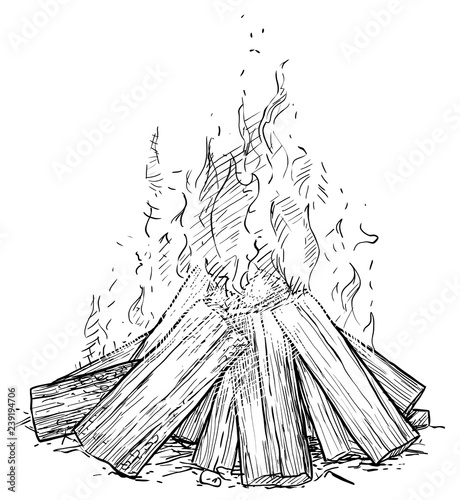 Camp fire illustration, drawing, engraving, ink, line art, vector