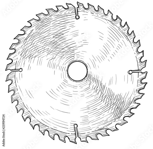 Billede på lærred Circular saw blade illustration, drawing, engraving, ink, line art, vector