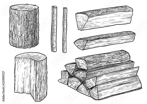 Cut logs, fire wood, chopped wood illustration, drawing, engraving, ink, line art, vector