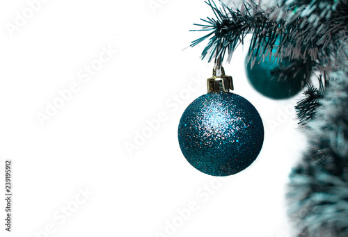 Aqua Christmas ball hanging on Christmas tree. Christmas decoration. Christmas winter background. Christmas, New Year  concept.