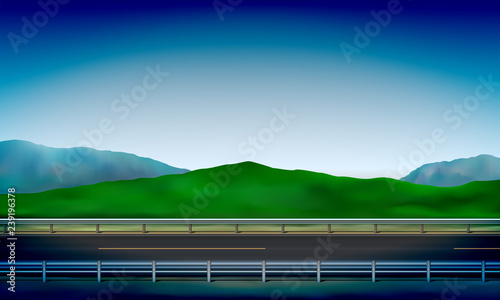 Side view of a road with a crash barrier, roadside, green meadow in the hills and clear blue sky background, vector illustration
