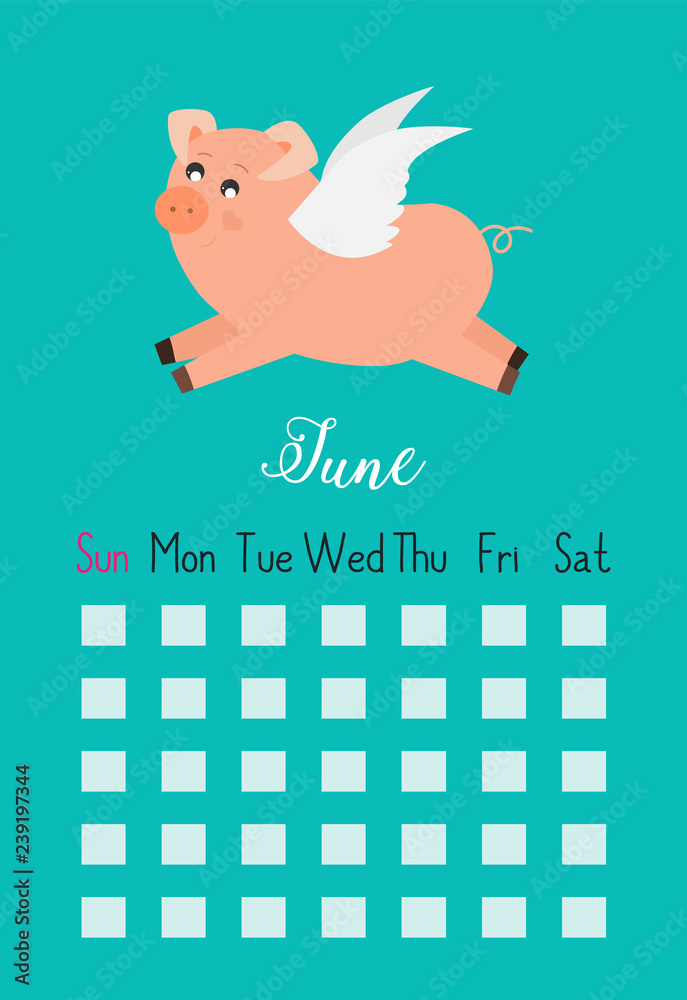 Vector cartoon style illustration of June cute calendar page with pink ...