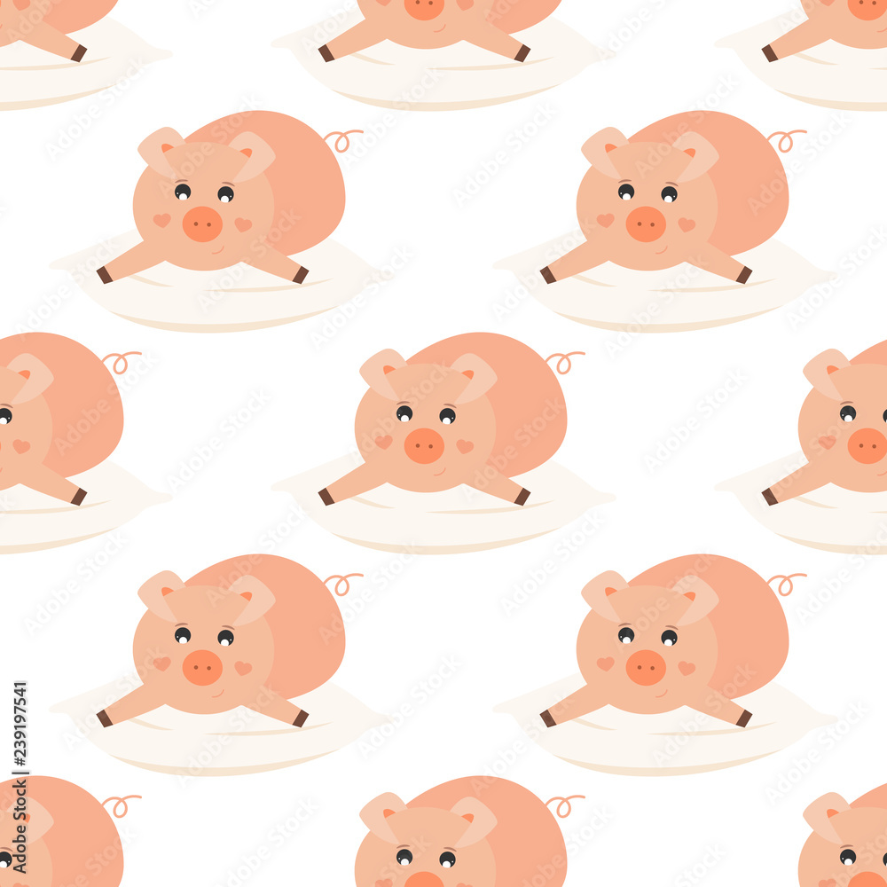 Laying cute pig on the pillow seamless pattern. Pattern design for printing, texture, cover design. Vector Illustration. Laying cute pig on the pillow seamless pattern. Pattern design for printing, texture, cover design. Vector Illustration.