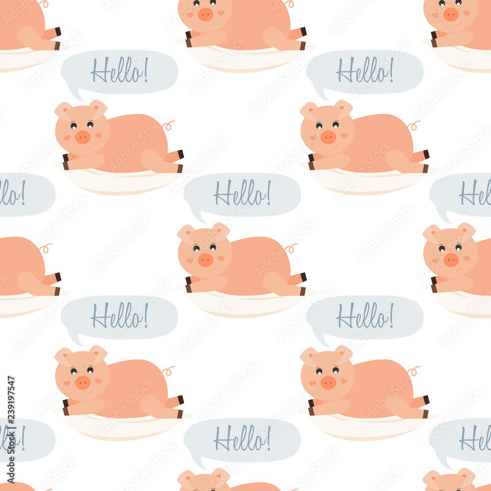 Laying pig on the pillow saying hello seamless pattern. Pattern design for printing, texture, cover design. Vector Illustration.