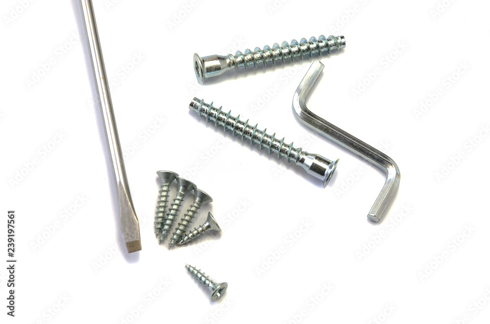 Nails and screws on a white background.