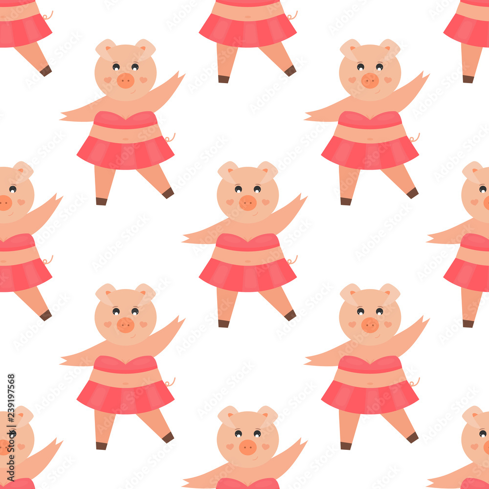 Cute dancing pig in pink costume seamless pattern. Pattern design for printing, texture, cover design. Vector Illustration.