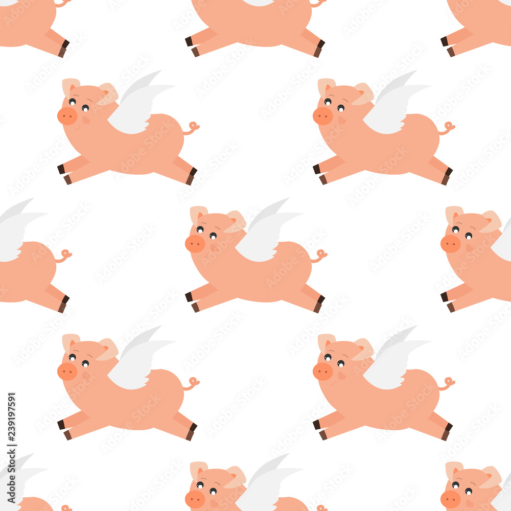 Flying  cute pig with wings seamless pattern. Pattern design for printing, texture, cover design. Vector Illustration. .