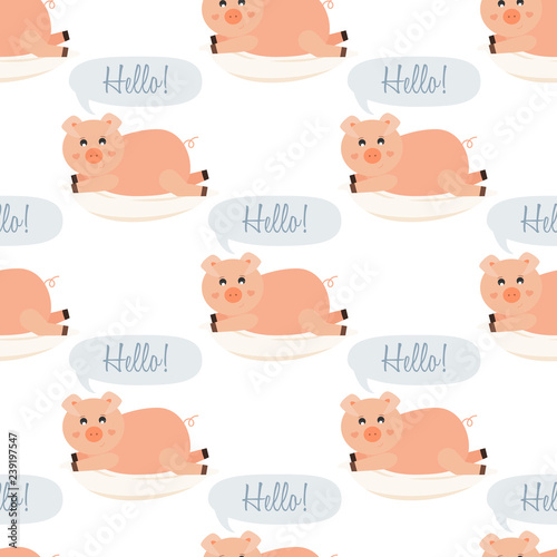 Laying pig on the pillow saying hello seamless pattern. Pattern design for printing, texture, cover design. Vector Illustration.