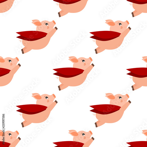 Pig is a super pig with magic powers, wear red coat flying in the air seamless pattern. Pattern design for printing, texture, cover design. Vector Illustration.