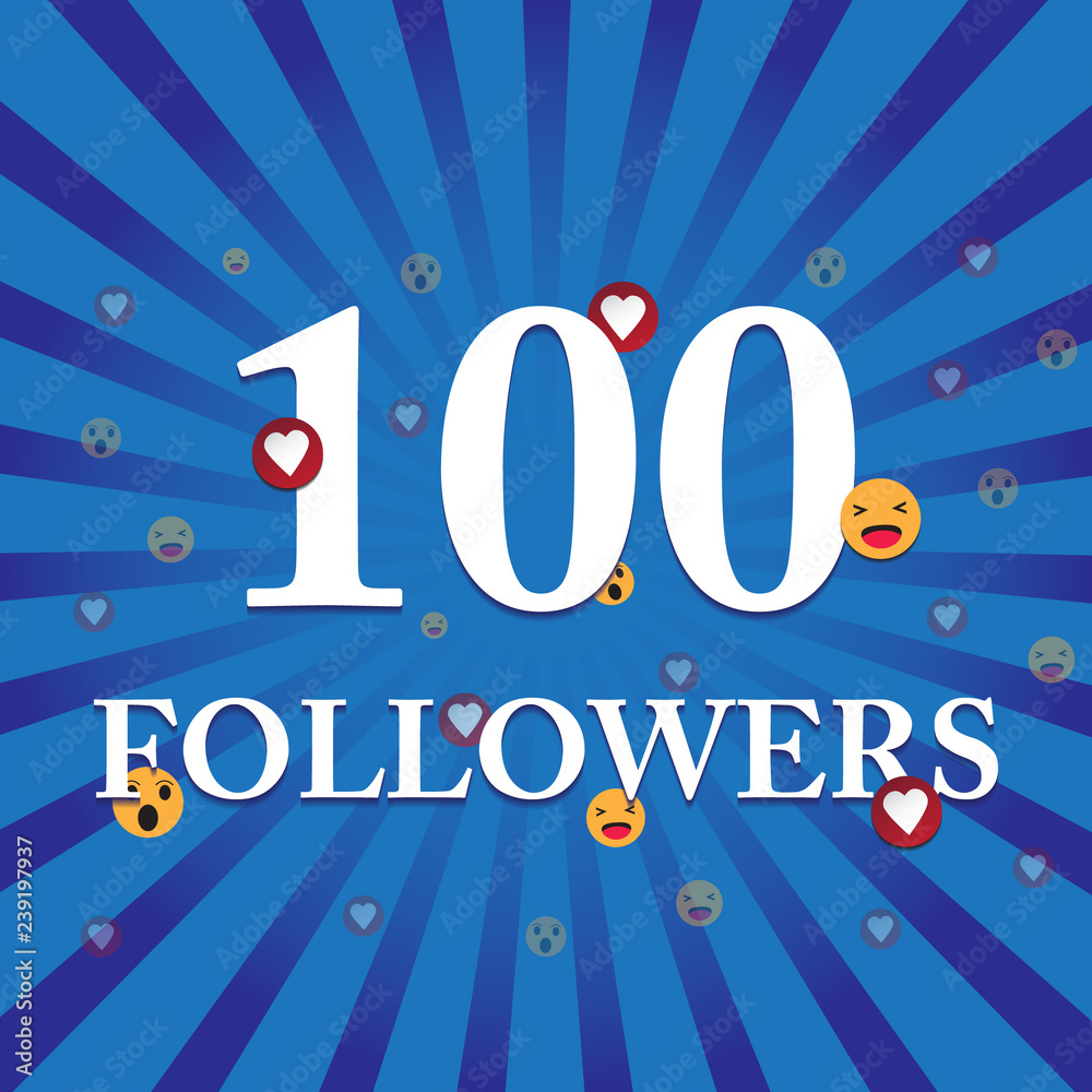 Social media banner with thank you for 100 followers. Blue card with