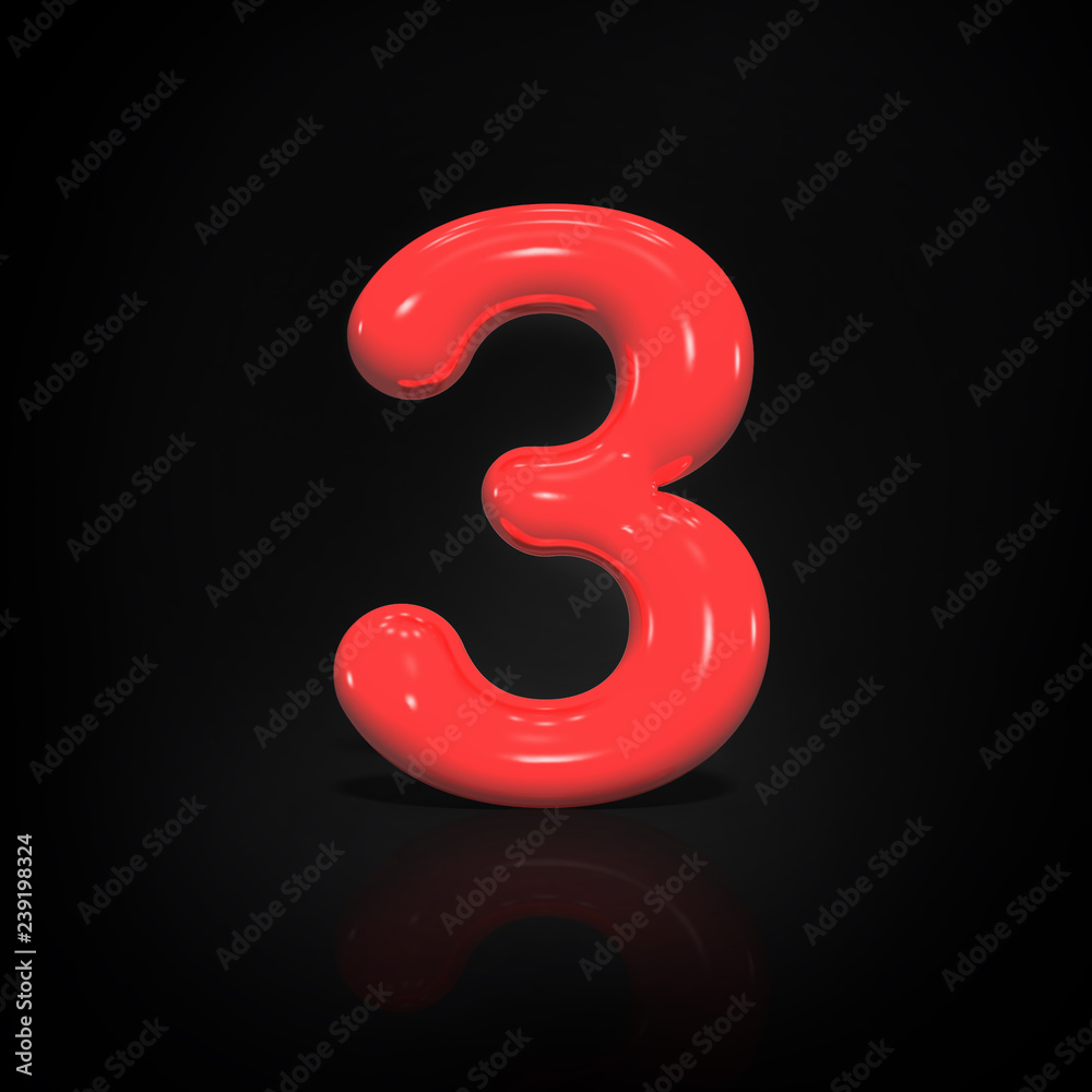 Glossy red paint number 3 of balloon isolated on black background, 3d rendering illustration Glossy red paint number 3 of balloon isolated on black background, 3d rendering illustration