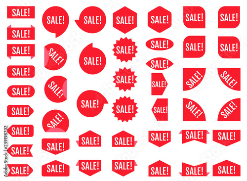 Sale sticker set. Red promotion labels. Modern vector flat style illustration isolated on white background. Red promotion labels for sale actions.