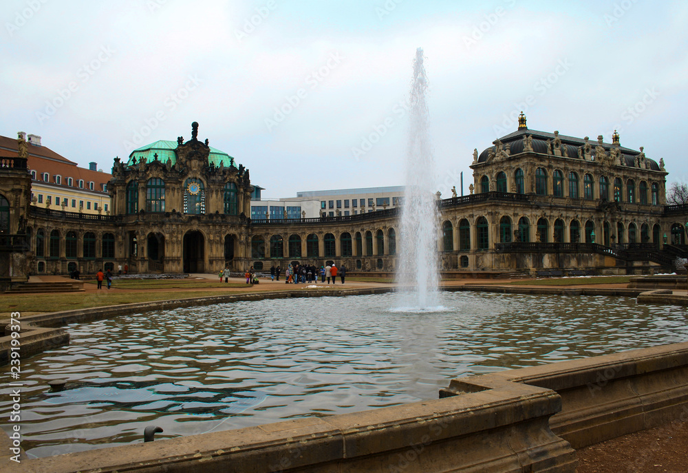The famous Zwinger Palace with fountain in Dresden, Saxony, Germany
