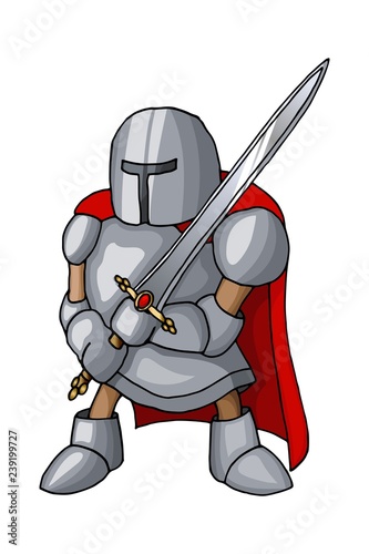 Cartoon medieval confident knight with broad sword, isolated on white background