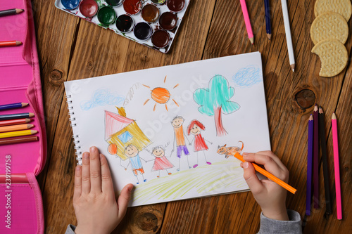 Photo of a children's picture on a theme - My happy family, painted with colored pencils. Psychological testing of the child using the picture.
