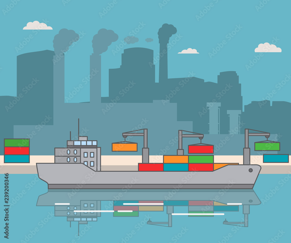 loading of containers bulk carrier in flat vector freighter container carrying ship delivery goods.Element of design websites, games, infographics.Warehouse port and the plants factory industrial

