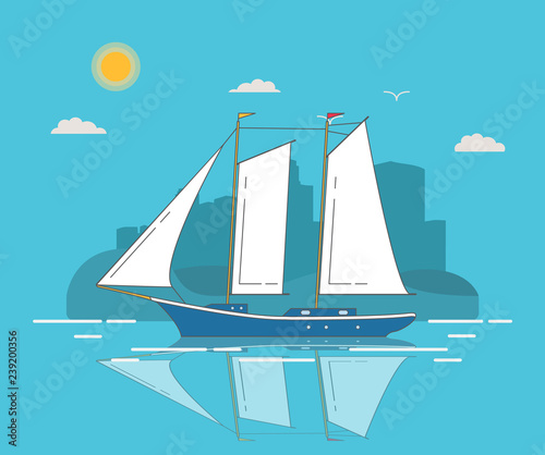 Yacht sailing trip  flat vector.Sailboat infographic game or mobile apps.Sailing schooner for a regatta city element design.Summer sea landscape  buildings of skyscrapers on the island.Cruise ship.