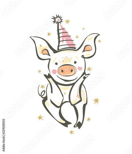 Wallpaper Mural Vector illustration with funny little pig in a festive cap. 2019 Happy New Year. Card in sketch style. New 2019, Chinese year of the pig. Torontodigital.ca