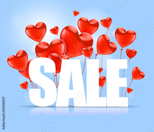 Valentines Day. Advertising sales. White SALE word on a background of red balloons in the shape of a heart. Vector illustration.