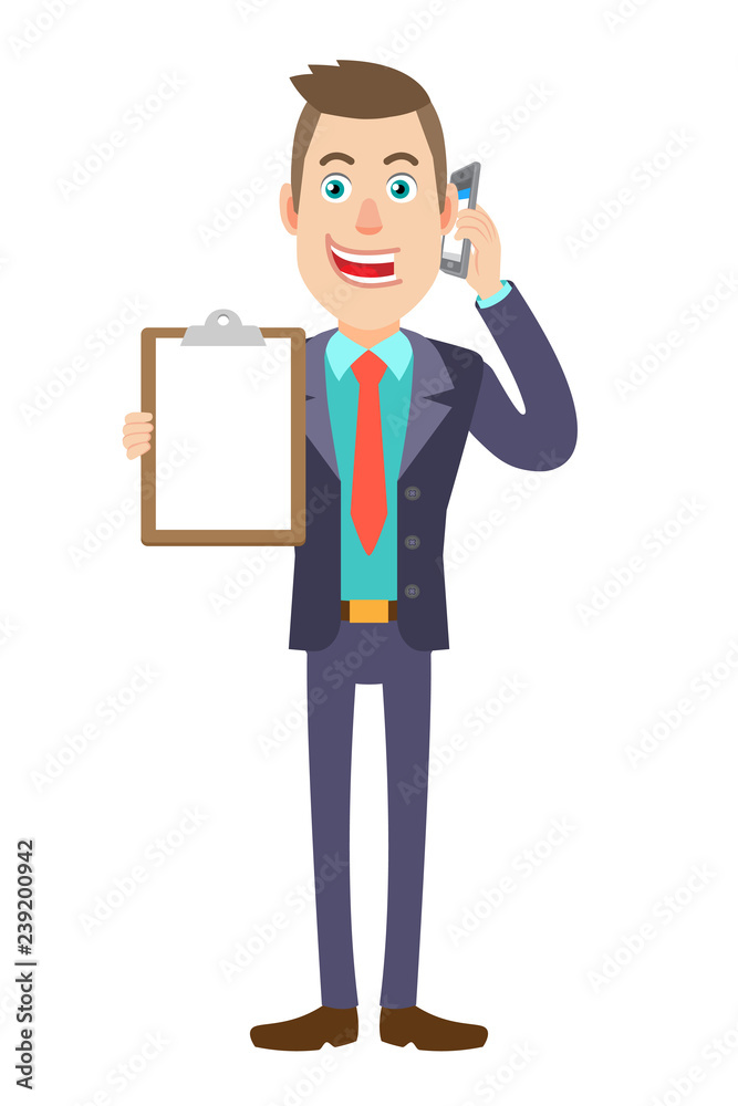 Businessman talking on mobile phone and showing clipboard Businessman talking on mobile phone and showing clipboard