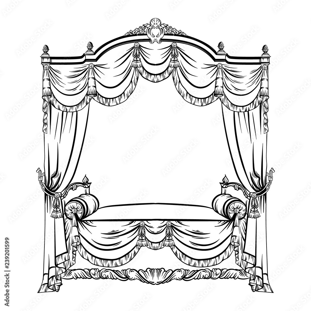 Vector illustration of baroque bed with baldachin made in hand drawn ...