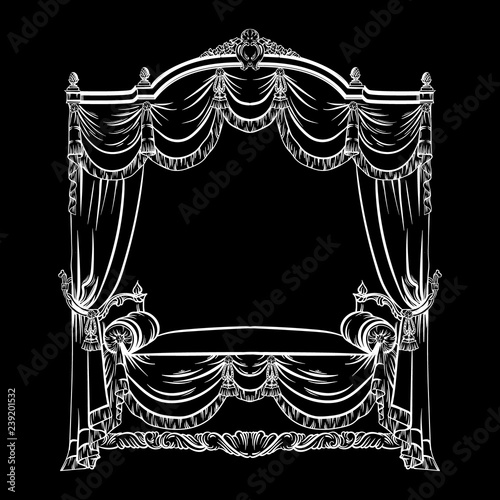 Vector illustration of baroque bed with baldachin made in hand drawn sketch style. Beautiful furniture design. Template for business car, poster, banner, print, placard.