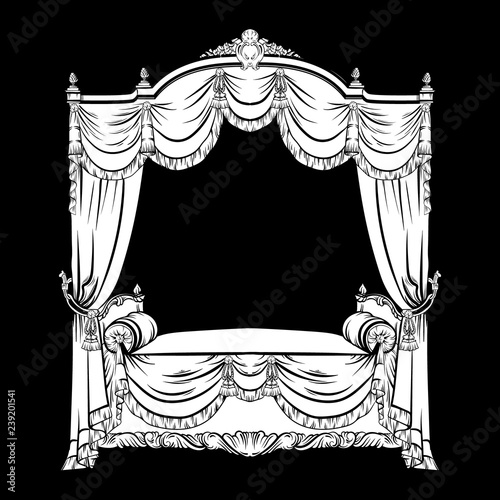 Vector illustration of baroque bed with baldachin made in hand drawn sketch style. Beautiful furniture design. Template for business car, poster, banner, print, placard.