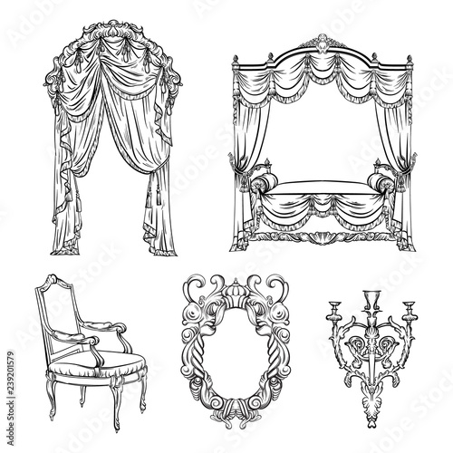 Vector collection of baroque furniture made in hand drawn style. Ink sketch. Design of chair, mirror, chandelier, bed, curtain. Unique template for business card, poster, banner, label.