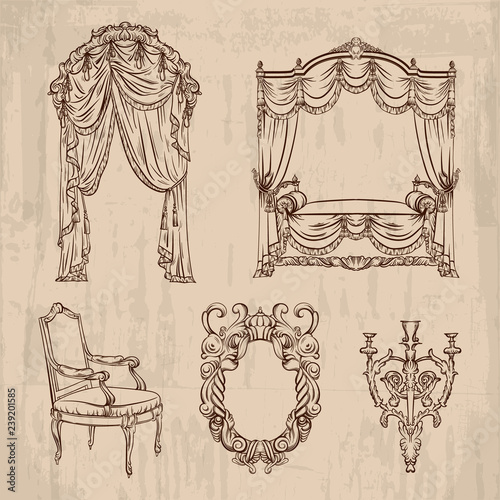 Vector collection of baroque furniture made in hand drawn style. Ink sketch. Design of chair, mirror, chandelier, bed, curtain. Unique template for business card, poster, banner, label.