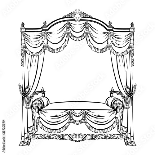 Vector illustration of baroque bed with baldachin made in hand drawn sketch style. Beautiful furniture design. Template for business car, poster, banner, print, placard.