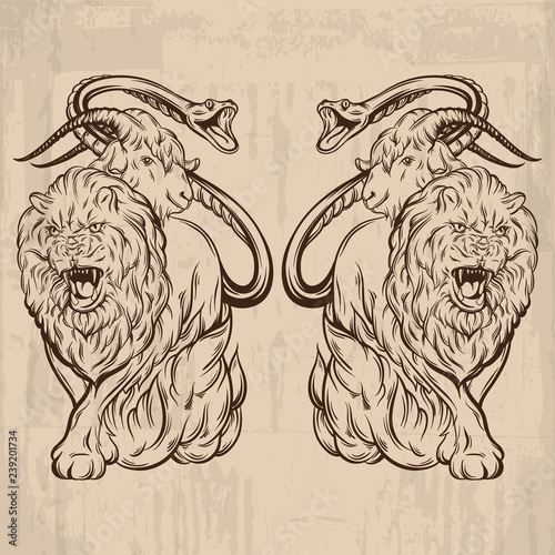 Vector  hand drawn illustration of chimera . Mythological magic religion victorian motif, tattoo design element. Heraldry and logo concept art. Template for card poster banner print for t-shirt.