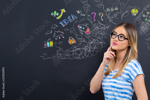 Many thoughts with young woman in front of a blackboard photo