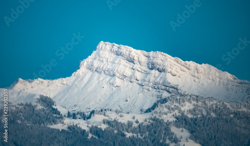 View of the Speer peak (1,951 m) in the Appenzell Alps, overlooking Lake Zurich and Lake Walenstadt in the canton of St. Gallen. View from the upper Zurich Lake (Obersee), Switzerland photo