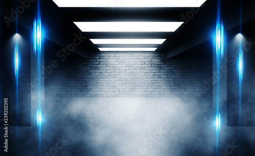 Fototapeta Naklejka Na Ścianę i Meble -  Background of an empty dark room with brick shades, illuminated by neon lights with laser beams, smoke