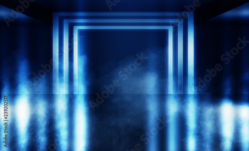 Background of an empty dark room with brick shades, illuminated by neon lights with laser beams, smoke