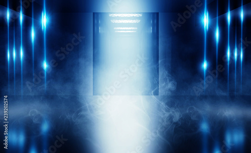 Fototapeta Naklejka Na Ścianę i Meble -  Background of an empty building with brick walls, illuminated by spotlights. View of open elevator doors. Neon light smoke.