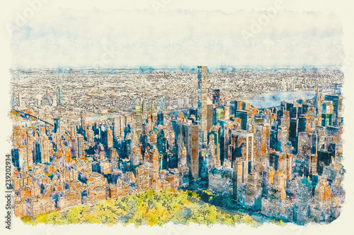 Aerial view of Central Park and Midtown Manhattan, NY watercolor painting