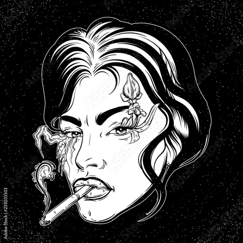 Vector portrait of young woman with cigarette made in hand sketched style. Artwork in Noir style. Tattoo realistic art. Character design. Template for card poster banner print for t-shirt.