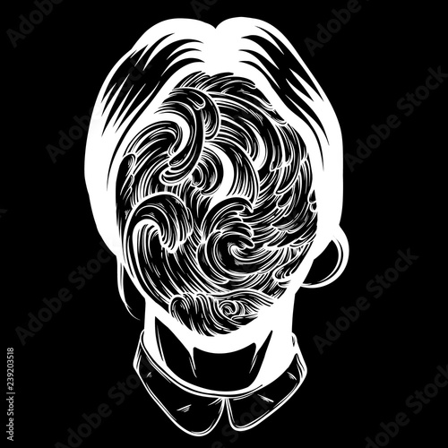 Vector illustration of weird young girl with sea waves instead face made in hand drawn style. Graphic Noir artwork. Character design. Template for card poster banner print for t-shirt.
