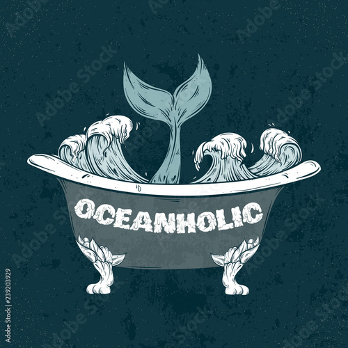 Vector hand drawn illustration of bath with ocean waves and tale of fish. Creative surreal artwork. Tattoo art. Template for card poster banner print for t-shirt.