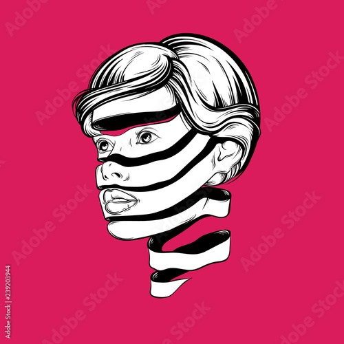 Vector illustration with portrait of young pretty girl with face of the tape. Graphic Noir artwork.  Character design. Template for card, poster, banner, print for t-shirt.