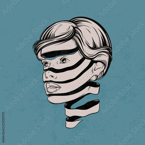 Vector illustration with portrait of young pretty girl with face of the tape. Graphic Noir artwork.  Character design. Template for card, poster, banner, print for t-shirt.
