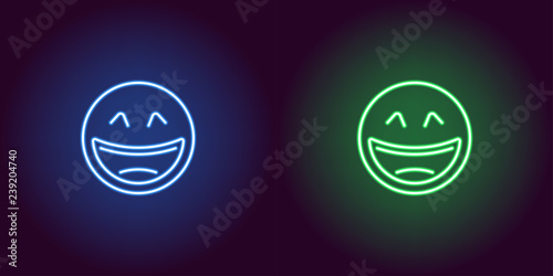 Neon illustration of laughing emoji. Vector icon