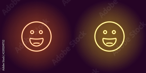 Neon illustration of grinning emoji. Vector icon