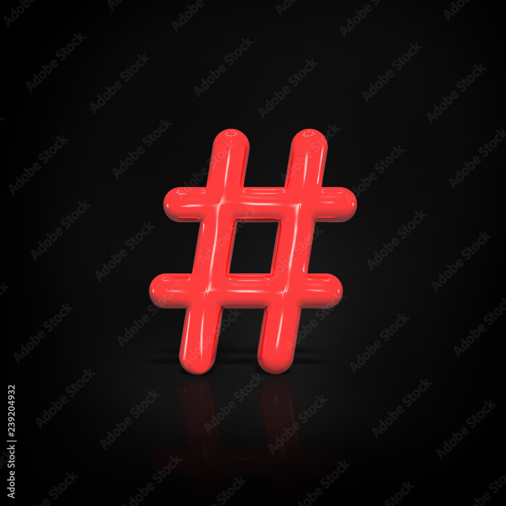 Obraz premium Glossy red paint # sign, hashtag of balloon isolated on black background, 3d rendering illustration