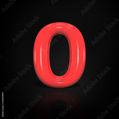 Glossy red paint number 0, zero of balloon isolated on black background, 3d rendering illustration