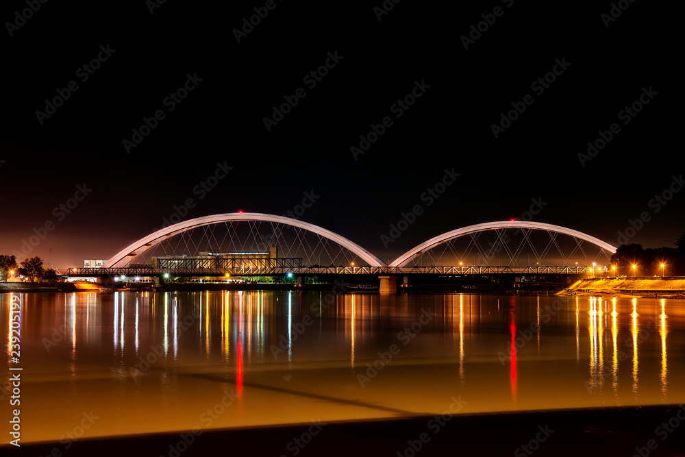 Novi Sad, Serbia May 26, 2018: Zezelj bridge over Danube in Novi Sad by night