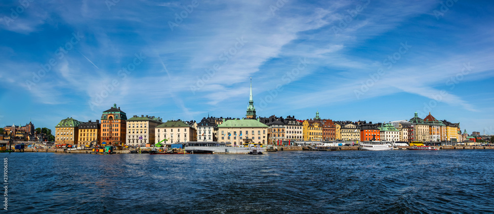 Panoramic view from the water of the colorful buildings of Stockholm harbor on a bright sunny day