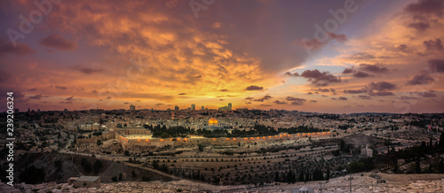 Panoramic sunset view of Jerusalem Old City and Temple Mount from the Mount of Olives